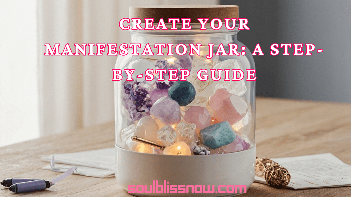 A decorated manifestation jar surrounded by small pieces of paper, a pen, and decorative items like crystals and ribbons, set on a clean surface with warm lighting