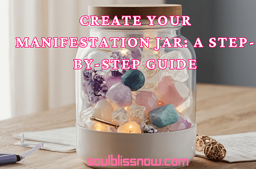 A decorated manifestation jar surrounded by small pieces of paper, a pen, and decorative items like crystals and ribbons, set on a clean surface with warm lighting