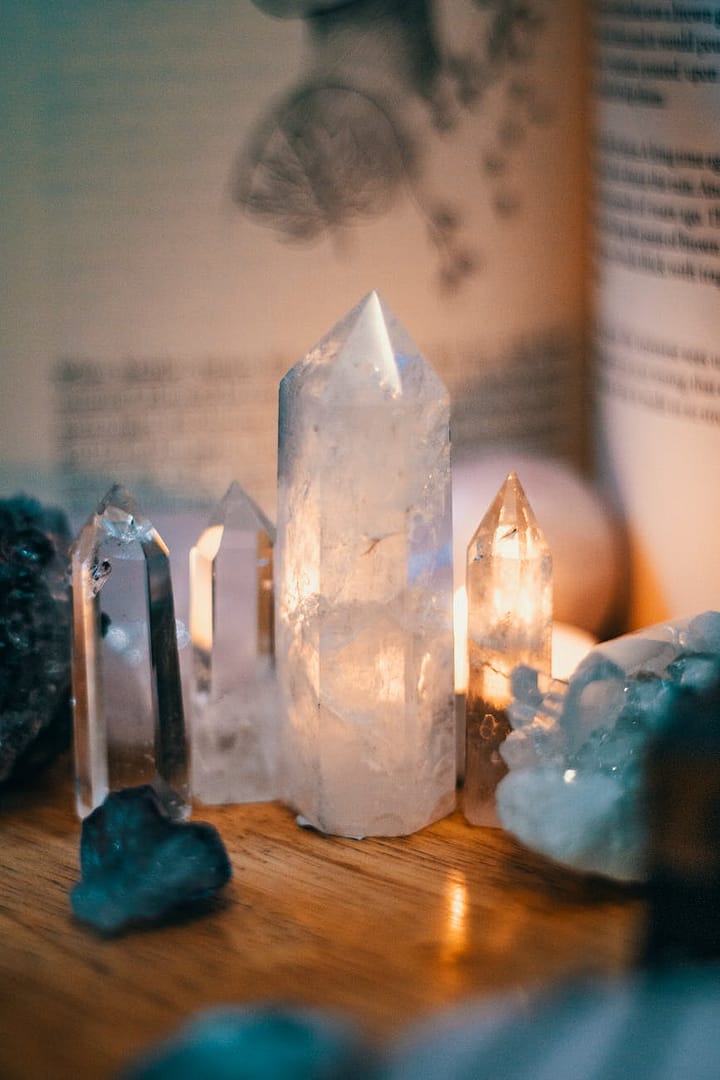 crystals on wooden table